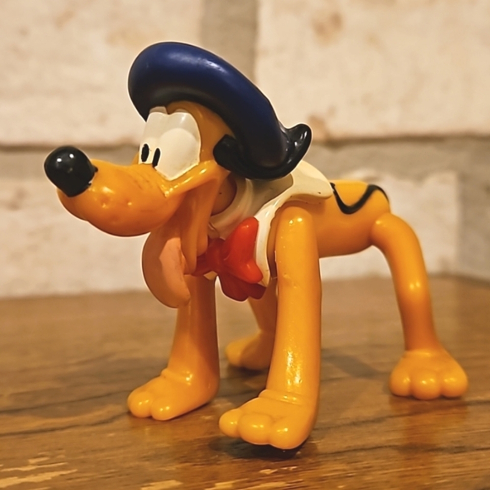 Vintage Disney Pluto in Blue Beret - hard plastic with moveable legs - 2.5" tall